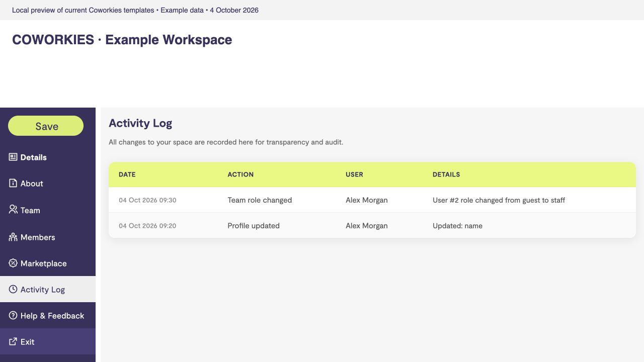 Current Activity Log view with example profile and role changes