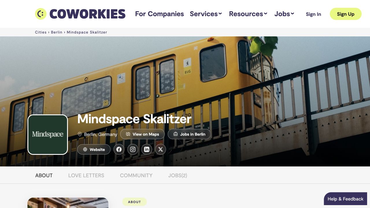 The About view of a public coworking space profile