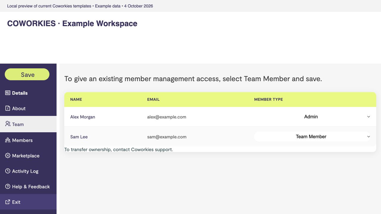 Current Team view with example owner and staff roles