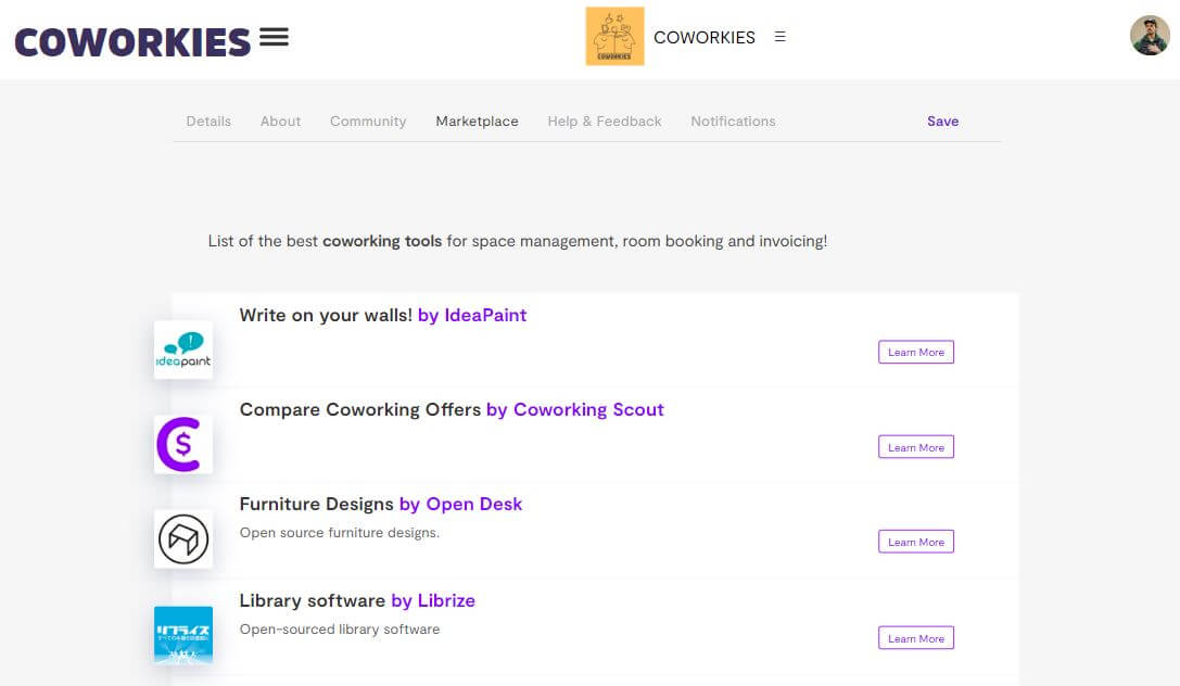 Coworking products and services marketplace